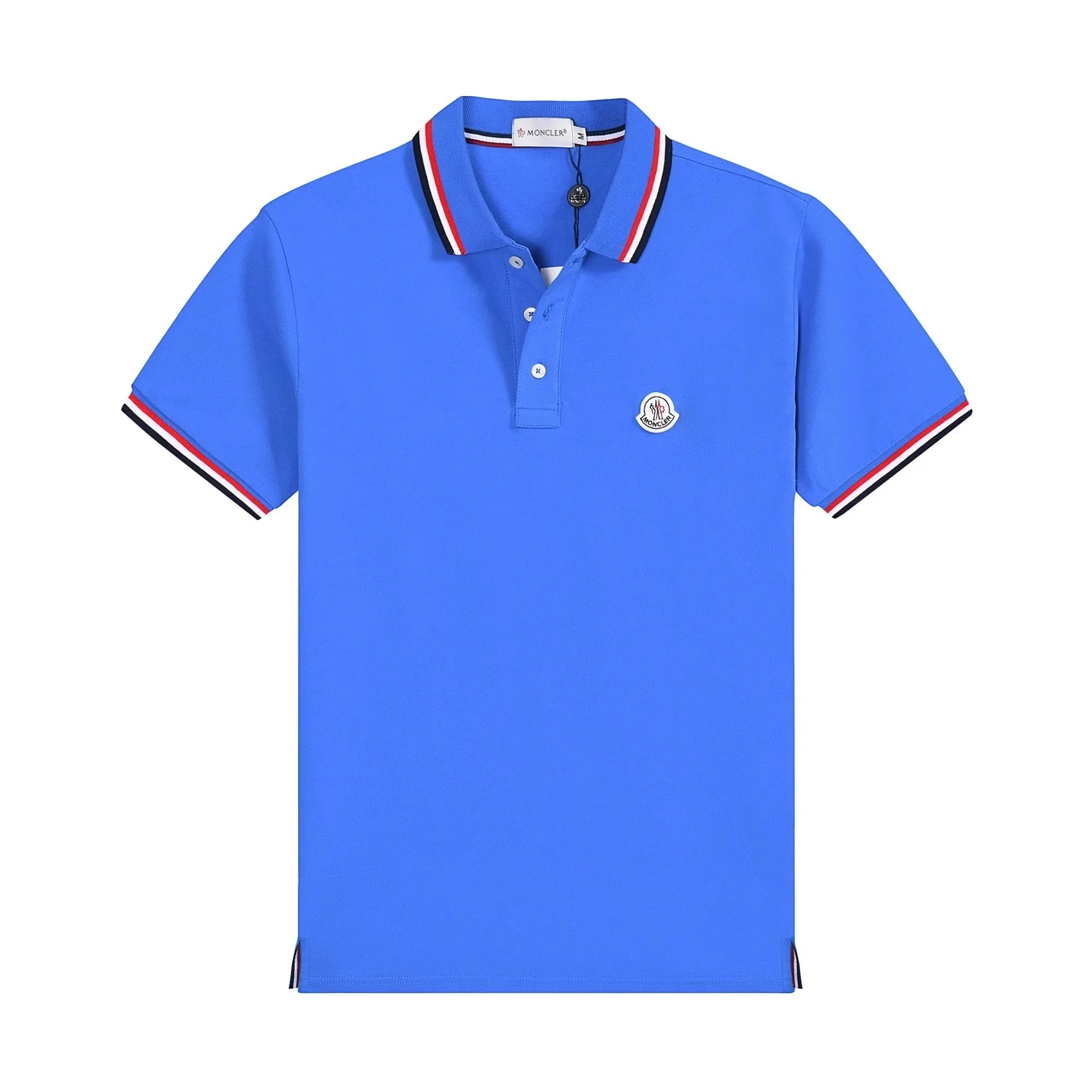 Moncler Tricolour Trim Cotton Piqué Polo Shirt Royal Blue