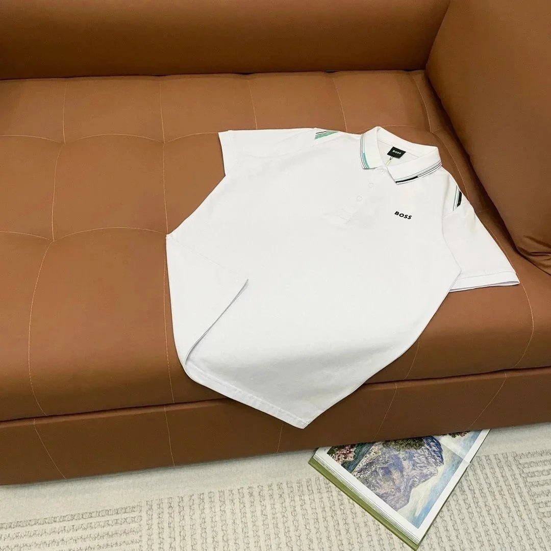 BOSS Paddy Striped Collar Polo Shirt White