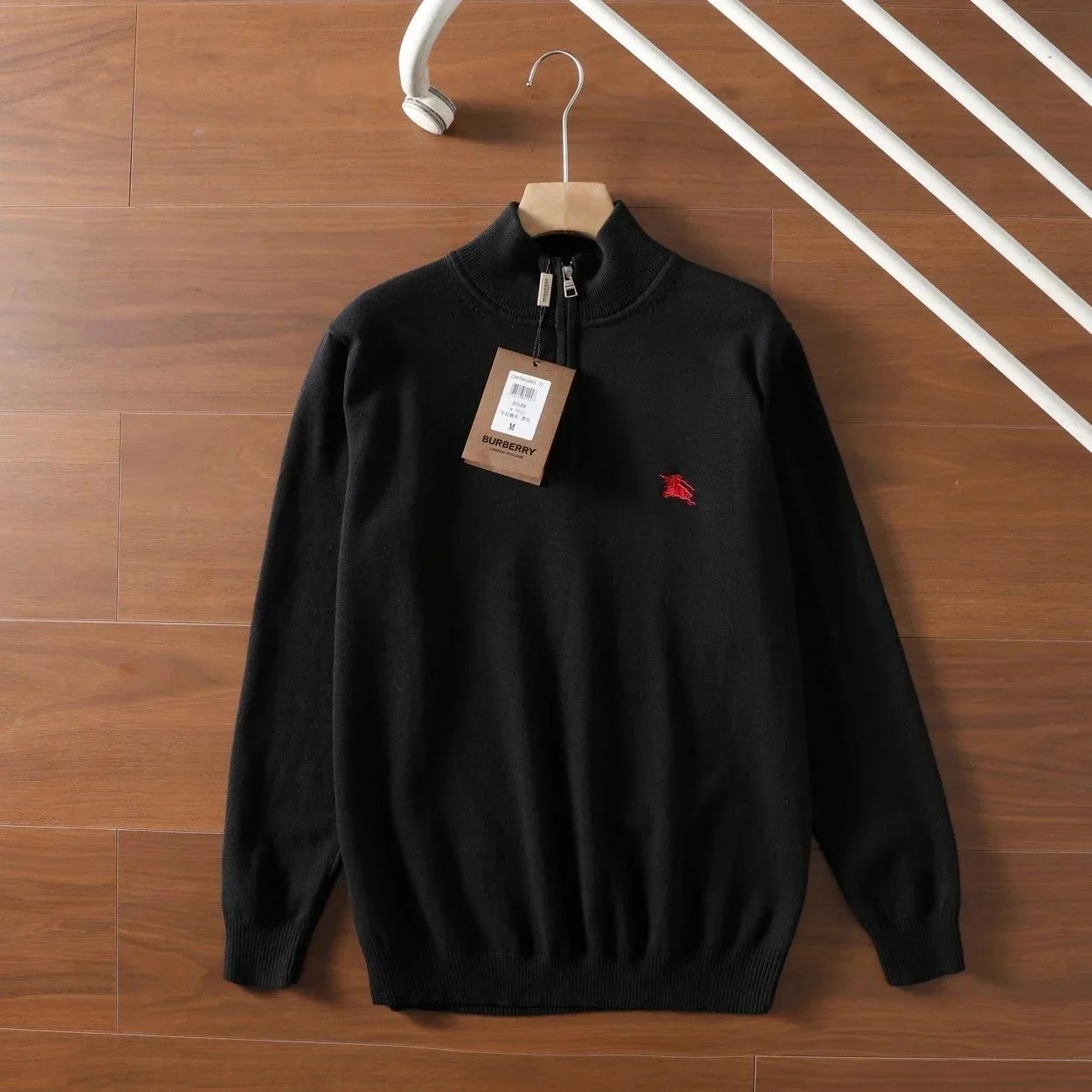 Burberry Embroidered Knight Half-Zip Knit Sweater Black