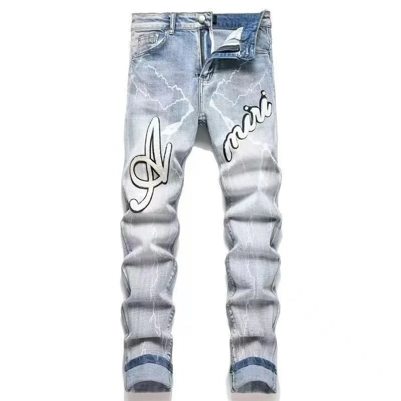 AMIRI Lightning Script Embroidered Slim Fit Jeans Light Blue