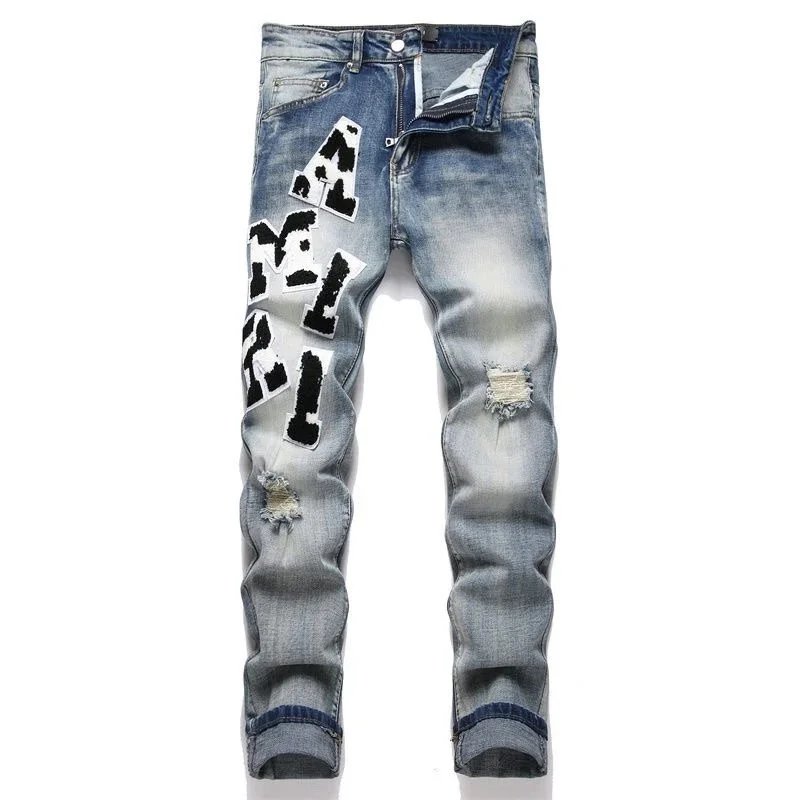AMIRI Lightning Script Embroidered Slim Fit Jeans Light Blue