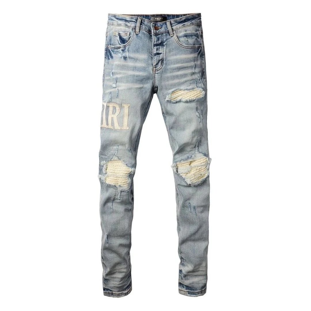 AMIRI Lightning Script Embroidered Slim Fit Jeans Light Blue