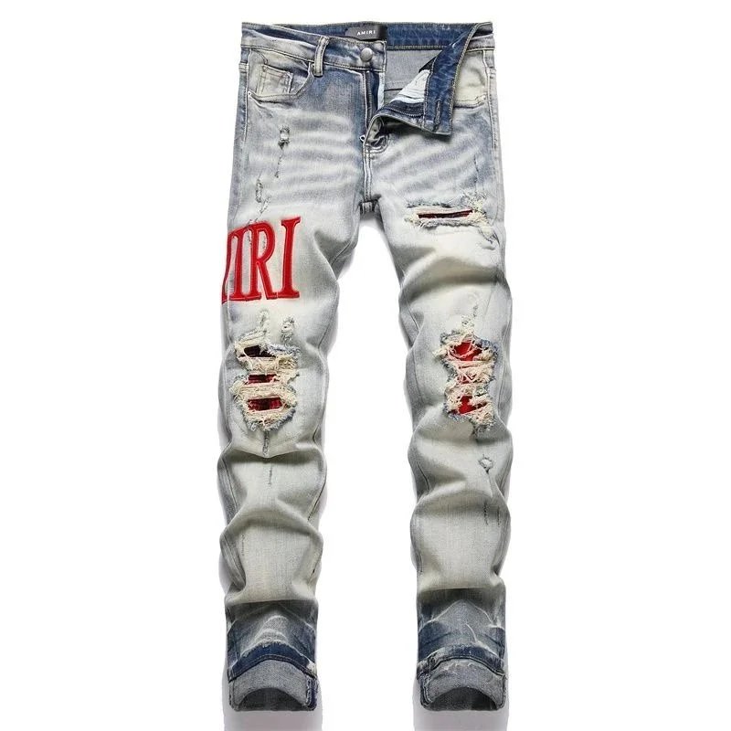 AMIRI Lightning Script Embroidered Slim Fit Jeans Light Blue