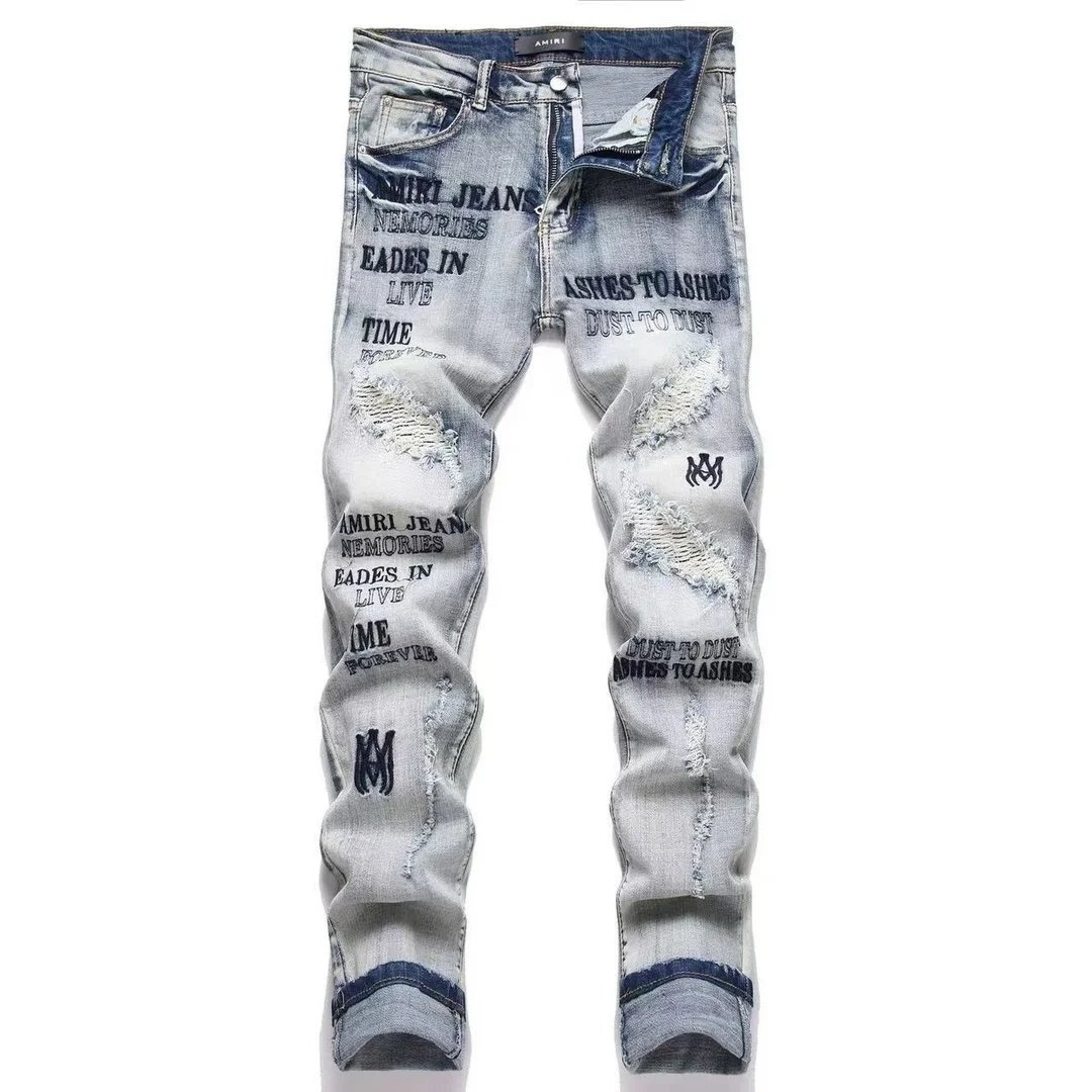 AMIRI Lightning Script Embroidered Slim Fit Jeans Light Blue