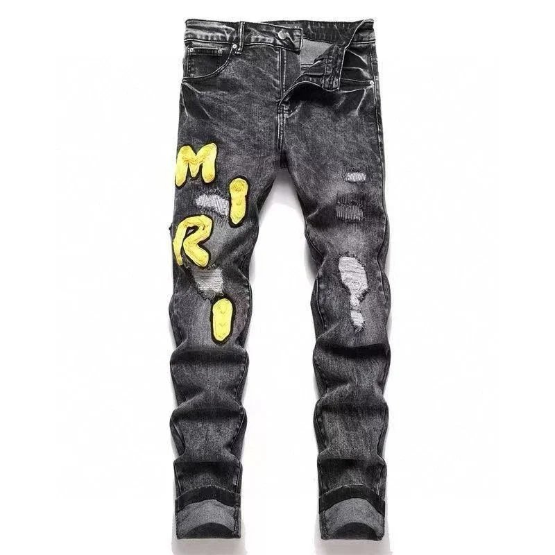 AMIRI Lightning Script Embroidered Slim Fit Jeans Light Blue