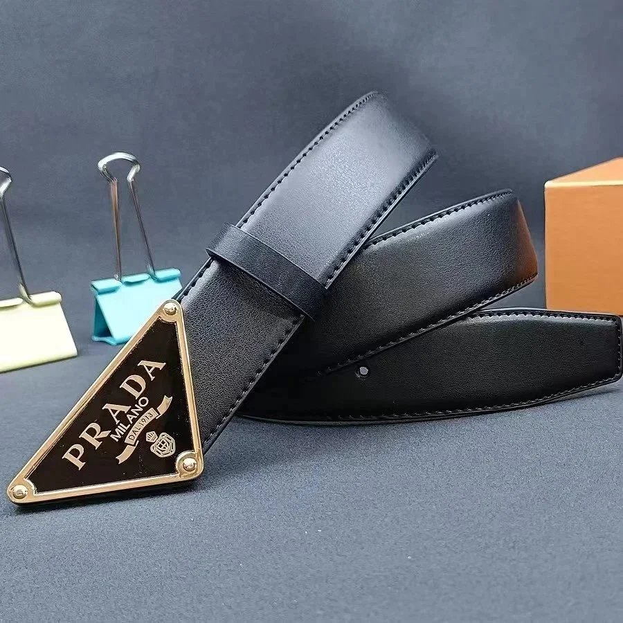 Prada Triangle Logo Plaque Leather Belt Black / Gold