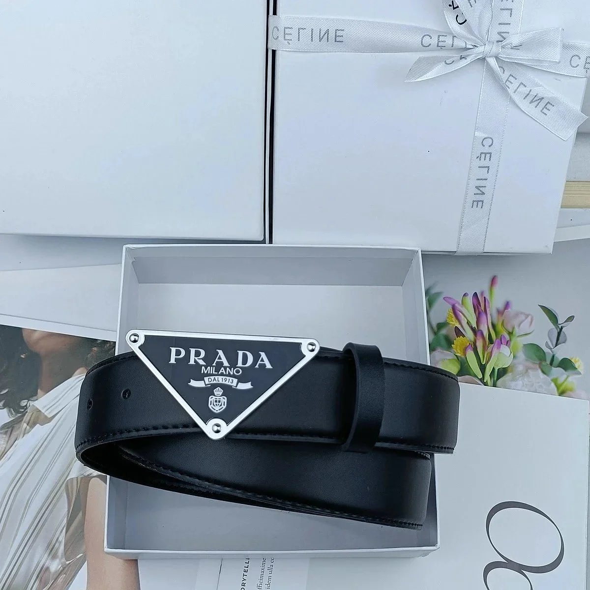 Prada Triangle Logo Plaque Leather Belt Black / Gold