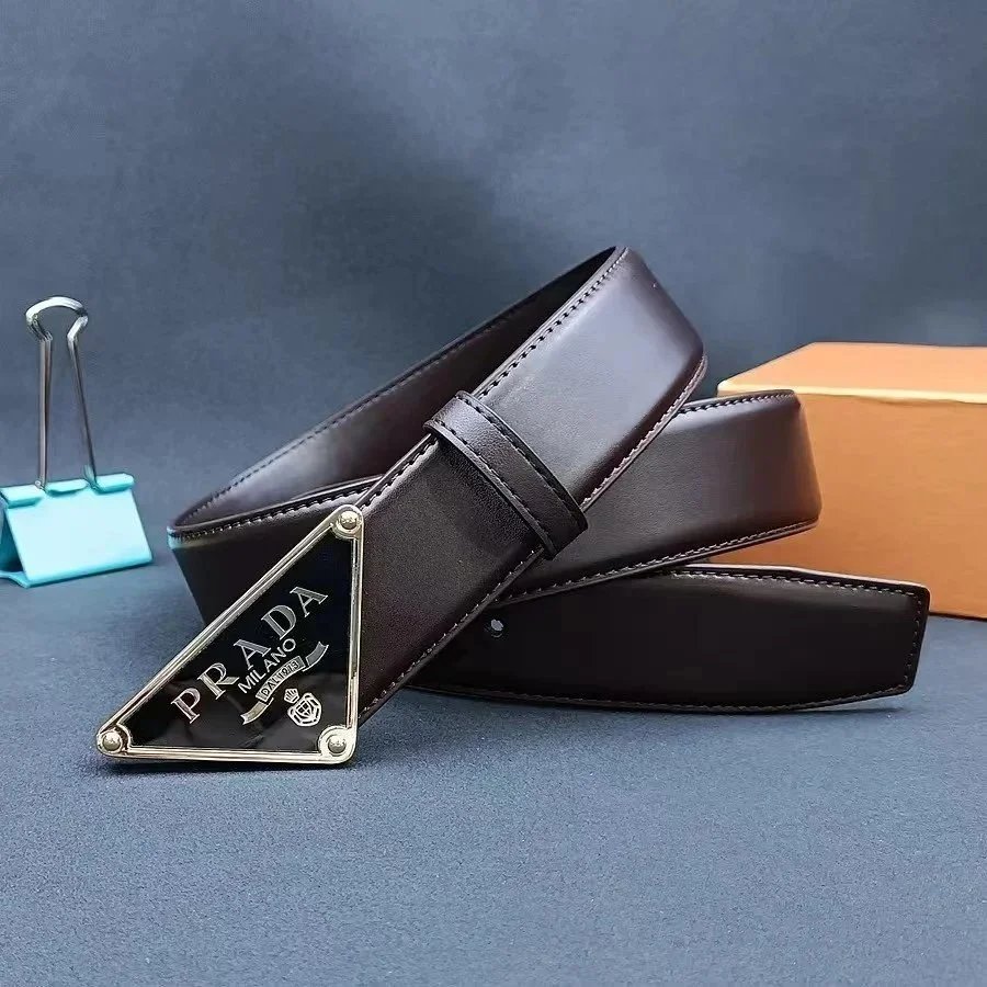 Prada Triangle Logo Plaque Leather Belt Black / Gold