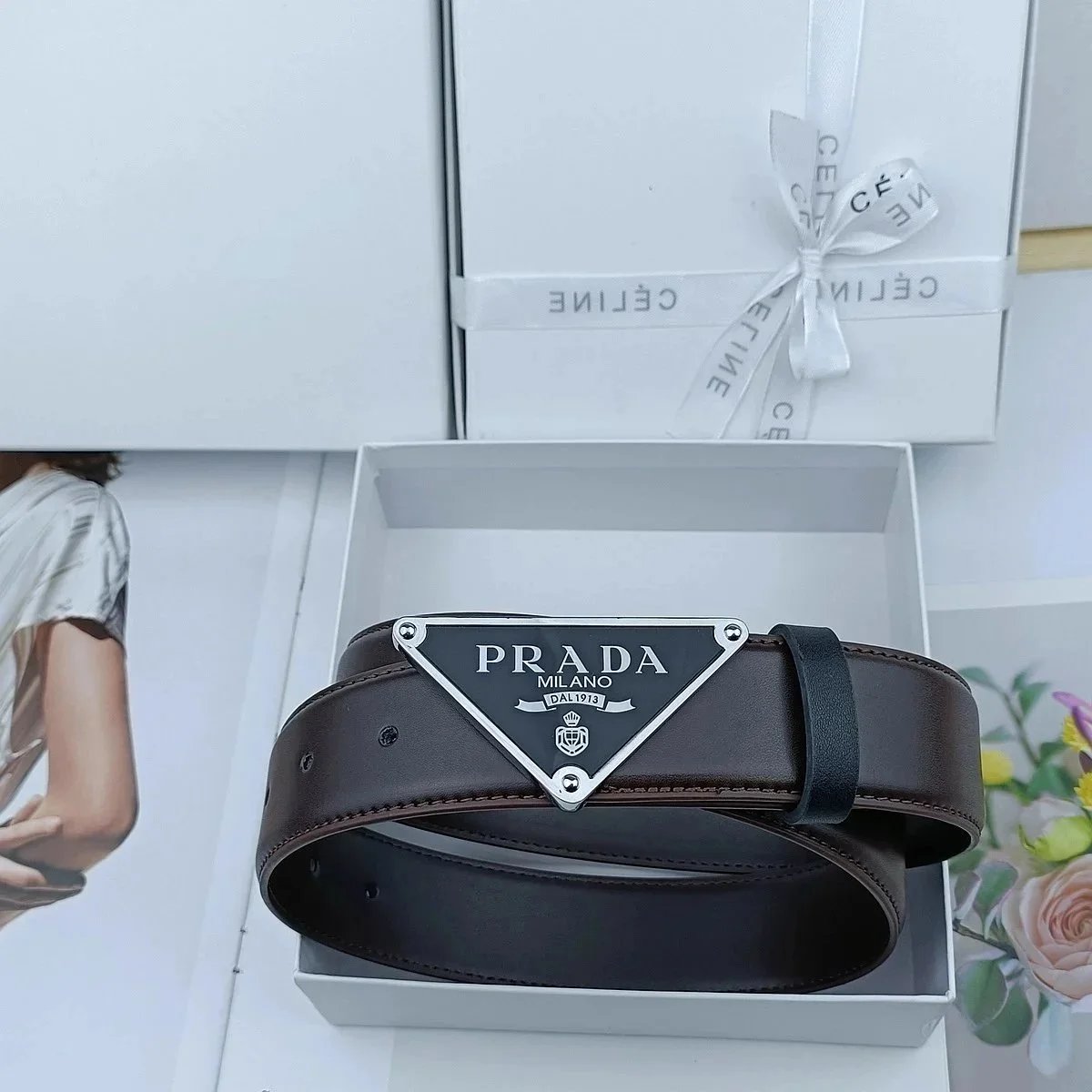 Prada Triangle Logo Plaque Leather Belt Black / Gold