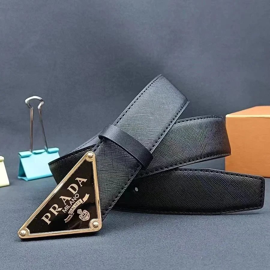 Prada Triangle Logo Plaque Leather Belt Black / Gold