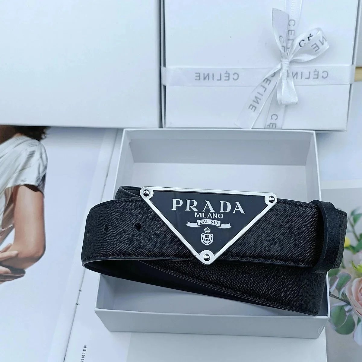 Prada Triangle Logo Plaque Leather Belt Black / Gold