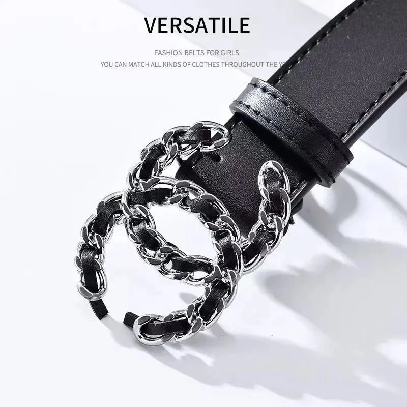 Chanel Calfskin Woven Chain CC Buckle Belt Black Silver