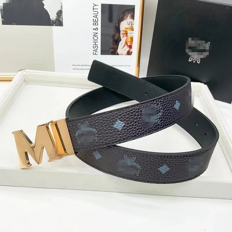 MCM Claus Reversible Belt In Visetos Black Gold Hardware