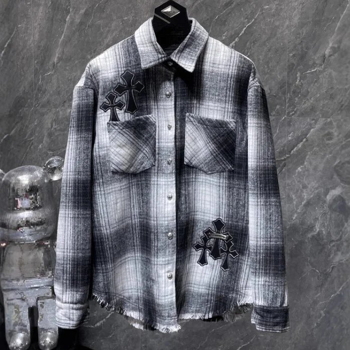 Chrome Hearts Leather Cross Patch Plaid Flannel Shirt