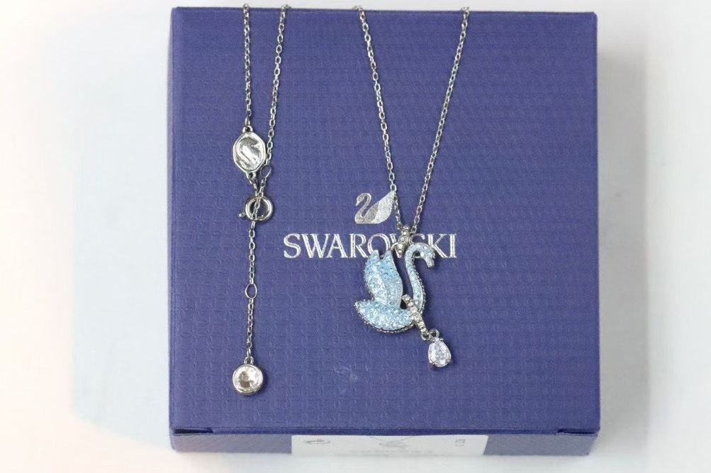 Swarovski Swan Crystal Drop Pendant Necklace Light Blue Rhodium Plated