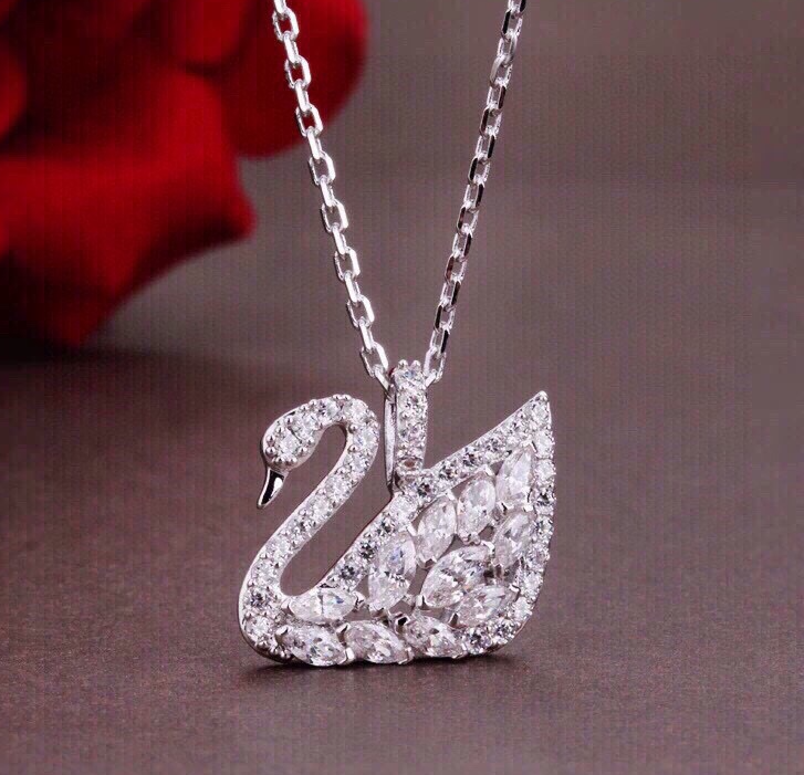 Swarovski Swan Crystal Drop Pendant Necklace Light Blue Rhodium Plated