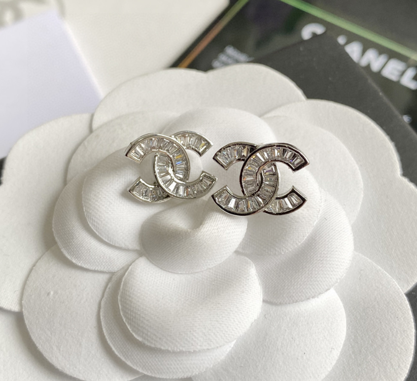 Chanel Classic CC Crystal Stud Earrings Silver