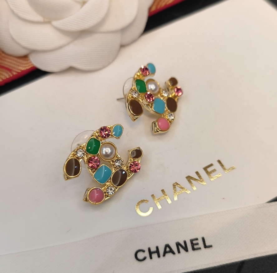 Chanel Classic CC Crystal Stud Earrings Silver