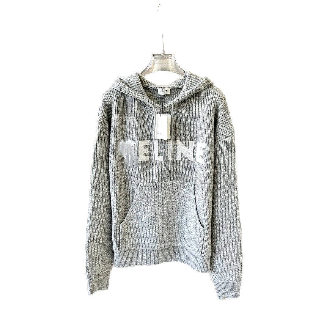 Celine Logo-Appliquéd Ribbed Wool Hoodie Light Grey