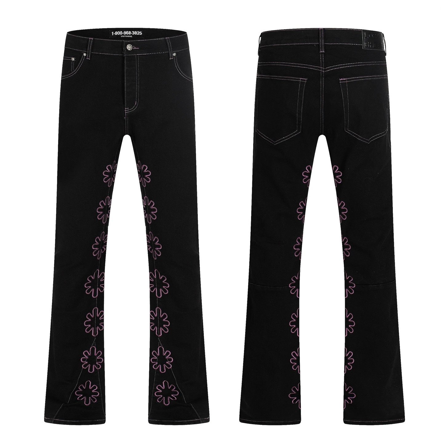 LOSTSHDWS Embroidered Floral Flare Denim Pants Black Bone