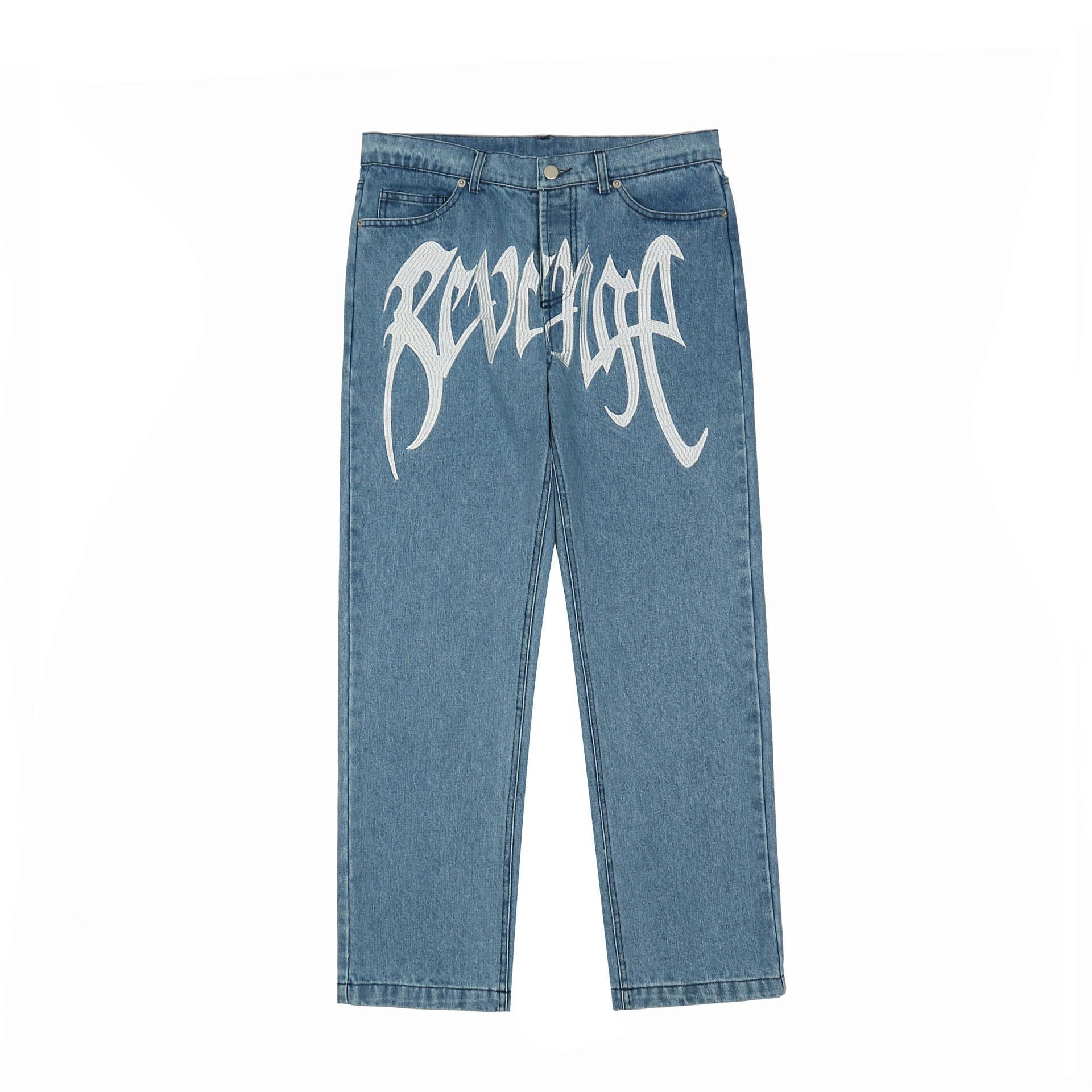 Revenge Embroidered Spellout Logo Denim Jeans Black/White