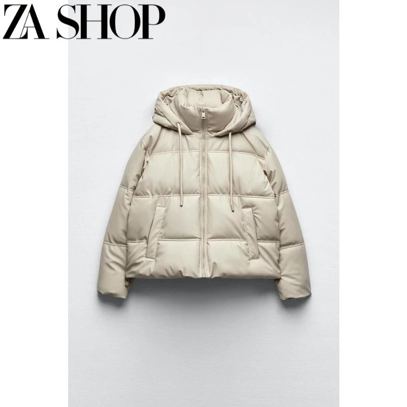 Zara Faux Leather Hooded Puffer Jacket Light Beige