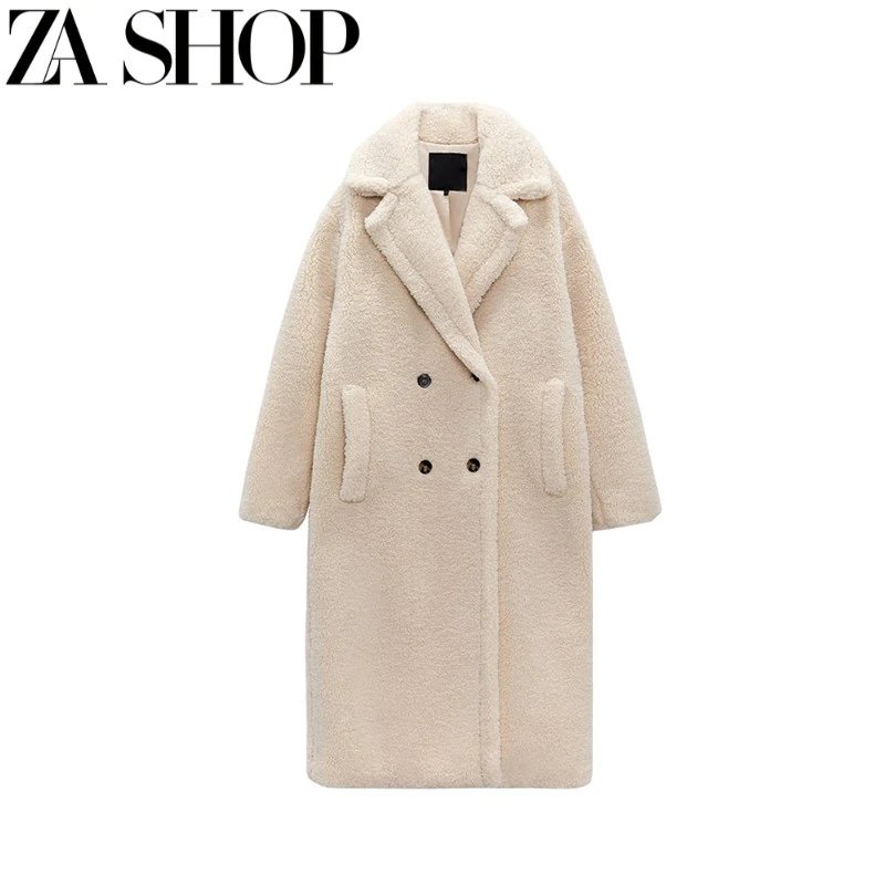 Zara Double-Breasted Faux Shearling Coat Ecru