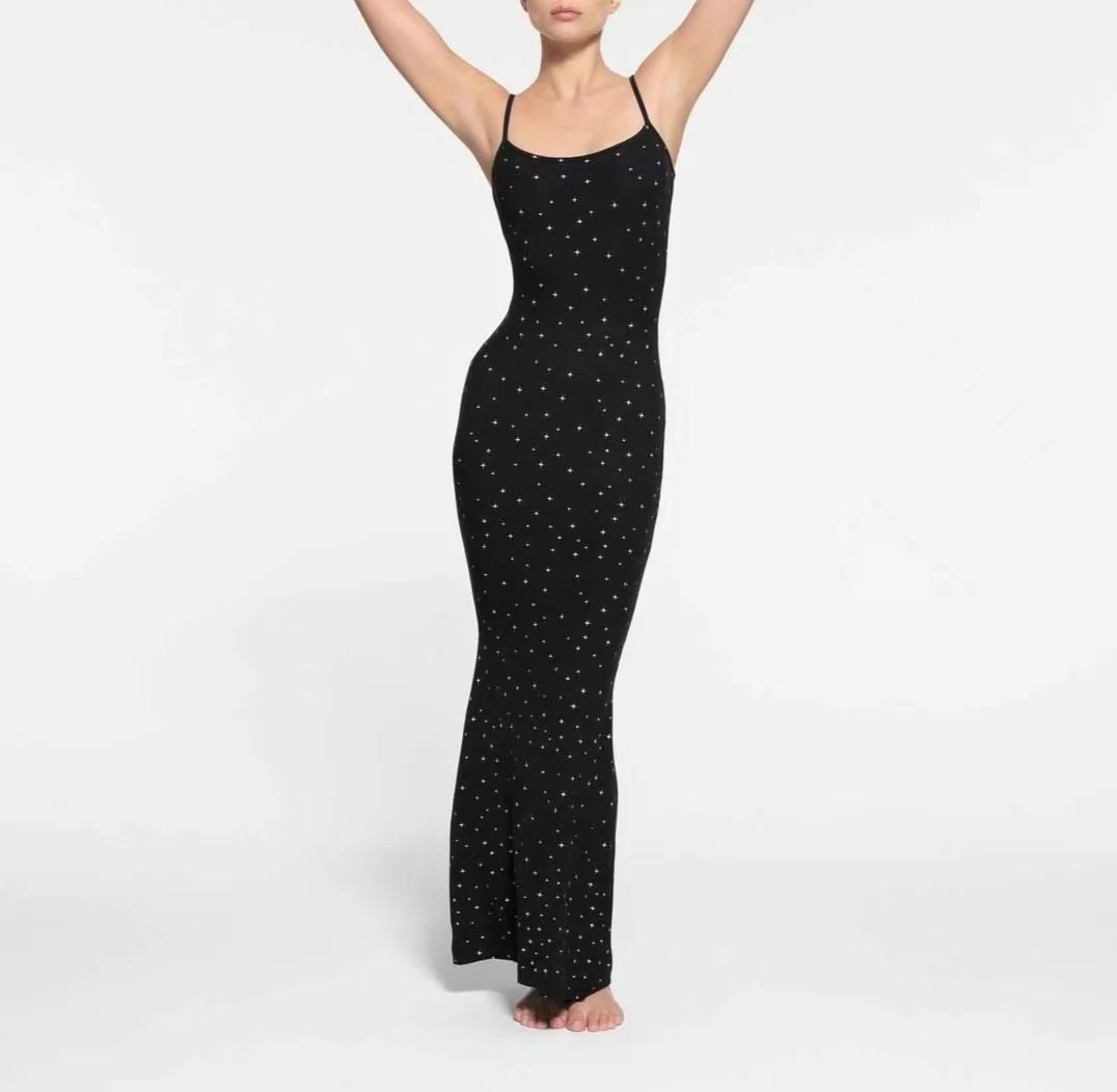 SKIMS Soft Lounge Long Slip Dress Onyx Sparkle
