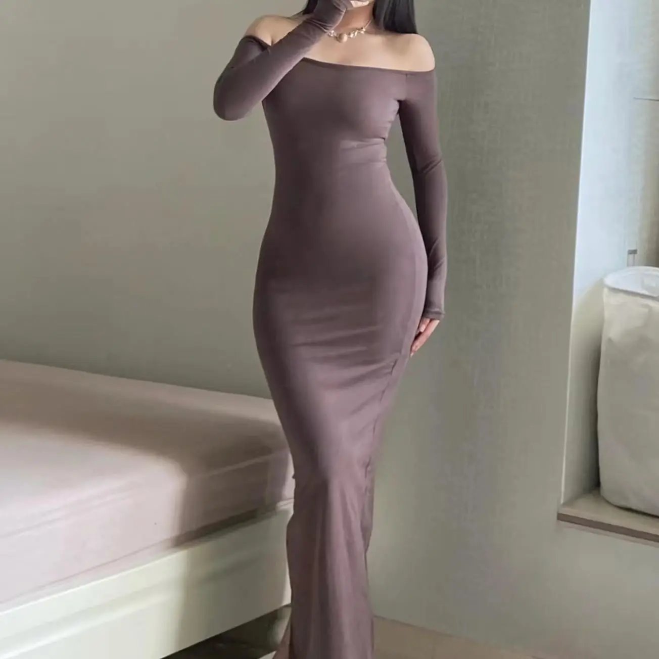 SKIMS Fits Everybody Long Sleeve Off-The-Shoulder Maxi Dress