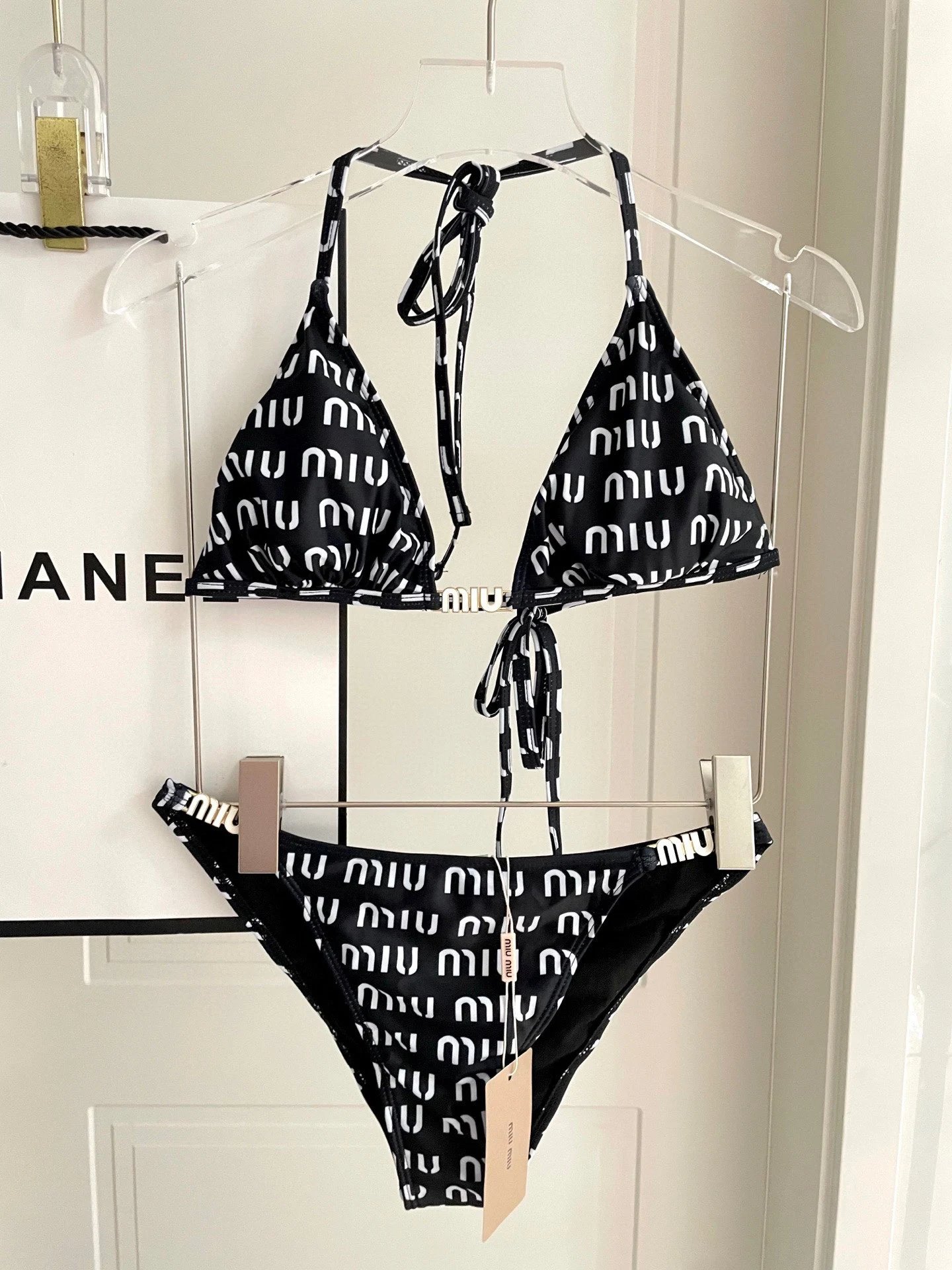 Miu Miu Logo-Strap One-Piece Swimsuit Black/White