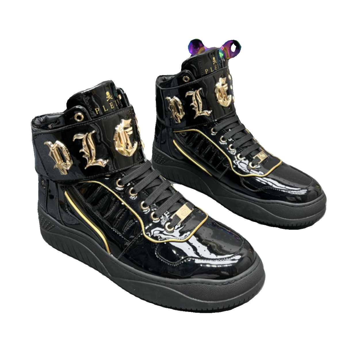 Philipp Plein x Snoop Dogg PLEINDOGG Patent Leather Hi-Top Sneakers Black Gold