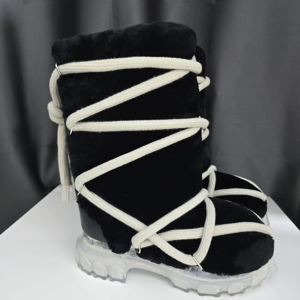 Rick Owens Lunar Tractor Megalace Shearling Boots Black / Clear