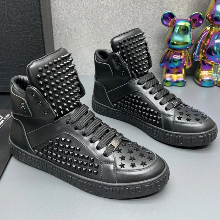 Philipp Plein Nappa Leather Mid-Top Sneakers Studs Black