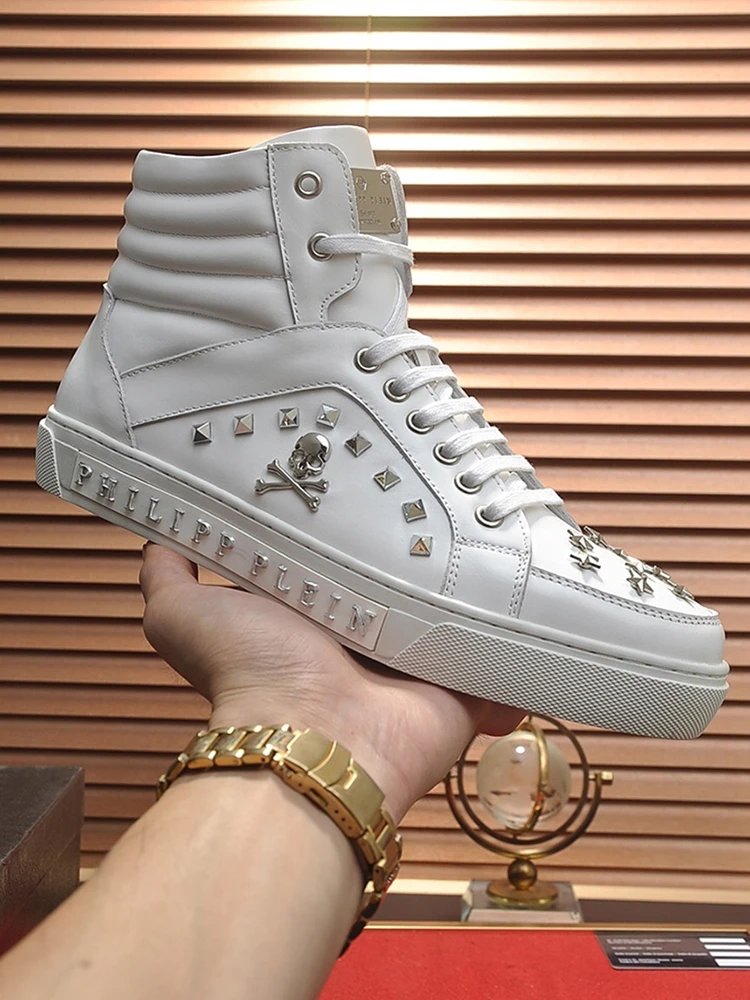 Philipp Plein Skull Studs Leather Hi-Top Sneakers White