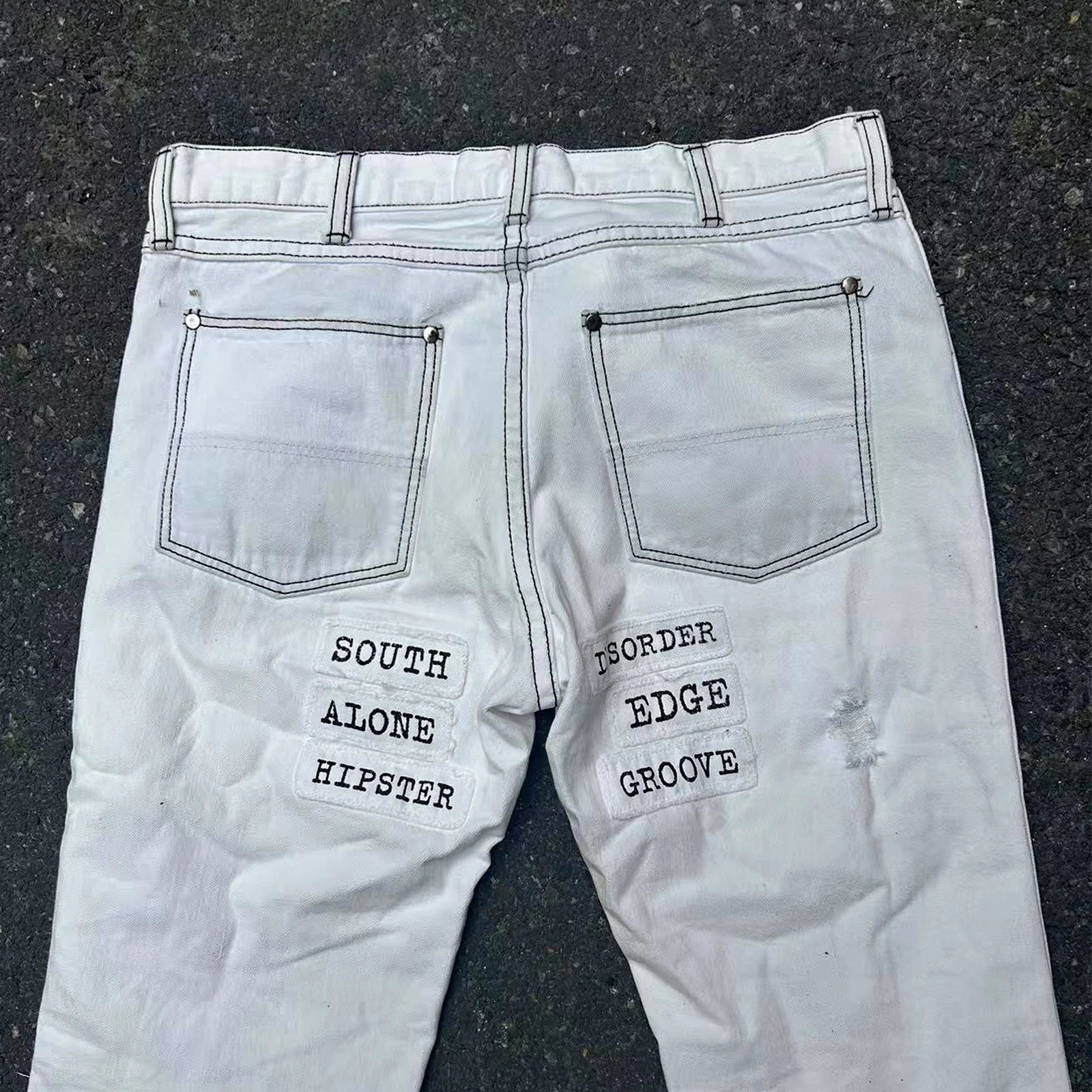 Number (N)ine SS02 'The Modern Age' Poem Patch Denim Pants White