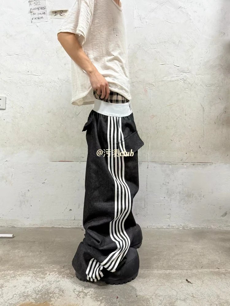 Yori Sport 5 Stripe Elastic Baggy Raw Denim Jeans Black