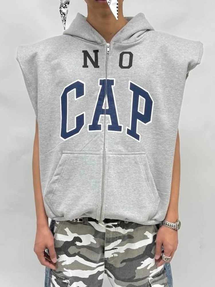 PROJECT G/R No Cap Boxy Sleeveless Zip Hoodie Grey