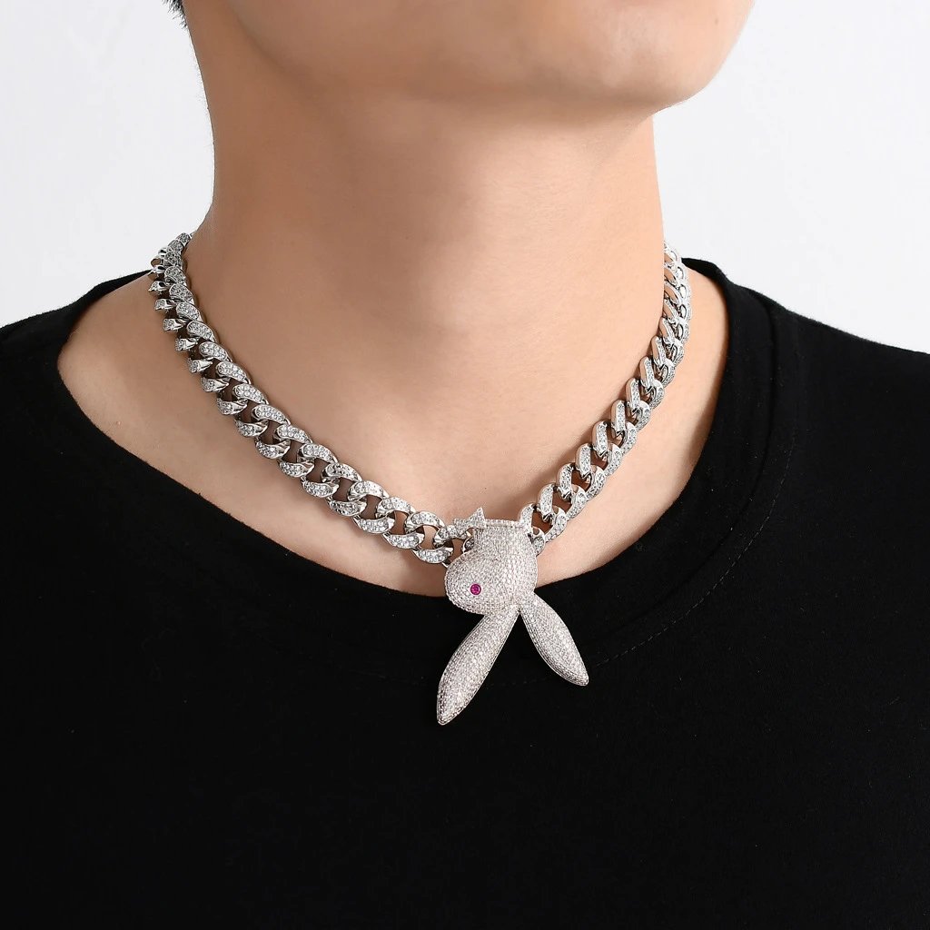 Playboy Iced Out Upside Down Bunny Pendant Silver