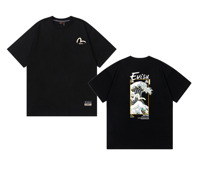 Evisu Fabric-mix Patchwork Seagull and Logo Applique T-shirt Black