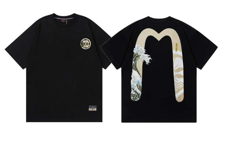 Evisu Fabric-mix Patchwork Seagull and Logo Applique T-shirt Black