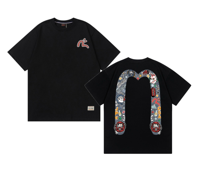 Evisu Fabric-mix Patchwork Seagull and Logo Applique T-shirt Black