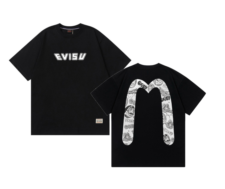 Evisu Fabric-mix Patchwork Seagull and Logo Applique T-shirt Black