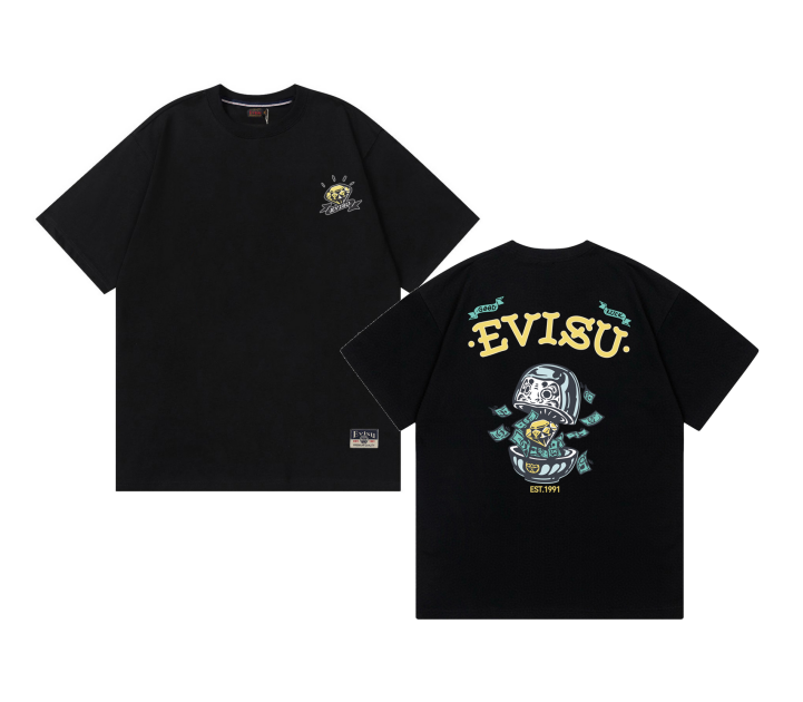 Evisu Fabric-mix Patchwork Seagull and Logo Applique T-shirt Black