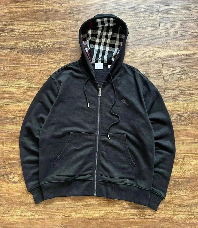 Burberry Check Hood Cotton Blend Zip-Front Hoodie Black