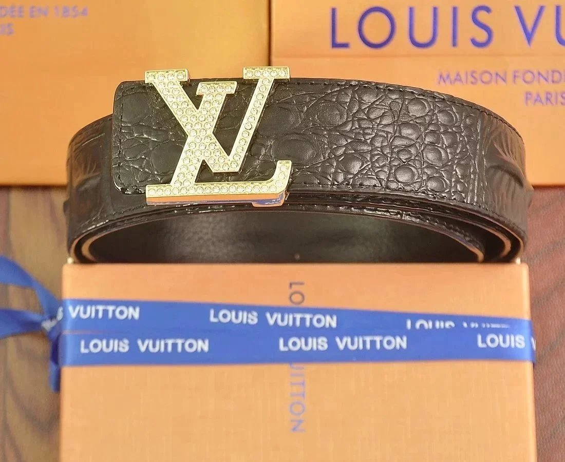 Louis Vuitton LV Initiales Crocodile Embossed Belt Gold Strass