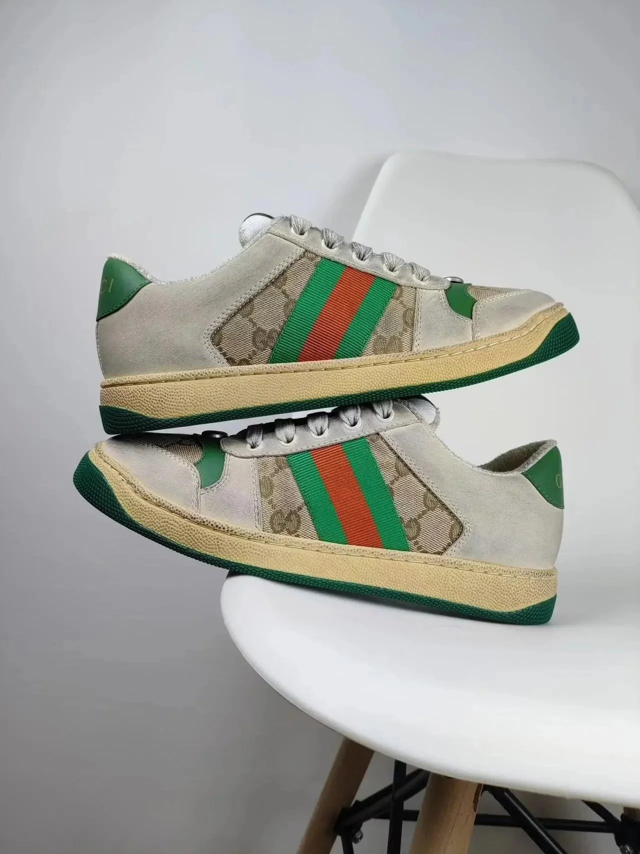 Gucci Screener Distressed 'Green Orange' Leather Sneakers