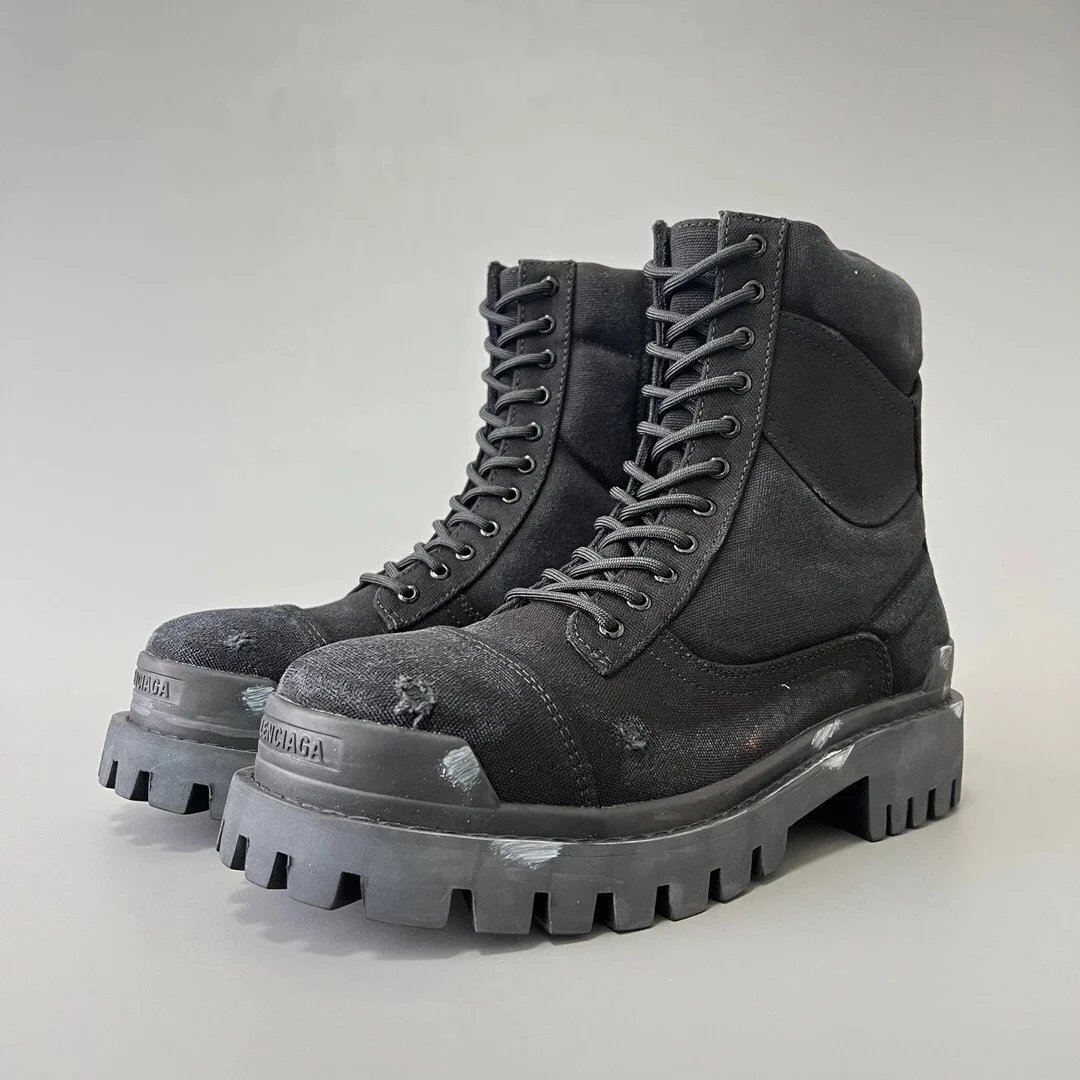 Balenciaga Strike Canvas Combat Boots 'Black Distressed'