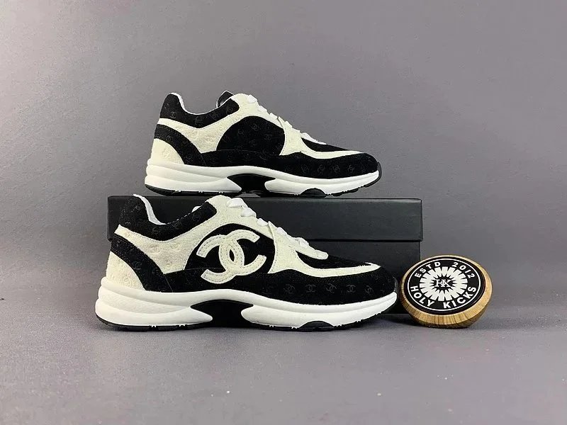 Chanel CC Embossed Suede Calfskin Sneakers Black White