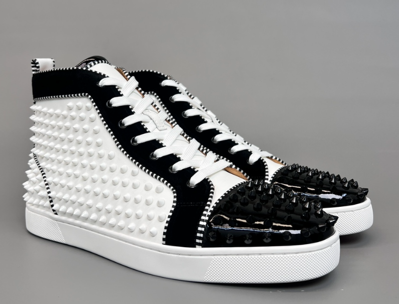 Christian Louboutin Lou Spikes Flat High Top Sneakers White Black