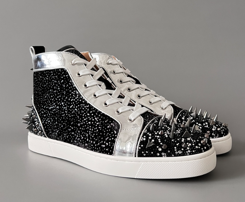 Christian Louboutin Lou Spikes Flat High Top Sneakers White Black